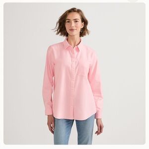 A-Lands’ end none iron pinpoint oxford button down pink and white  striped shirt